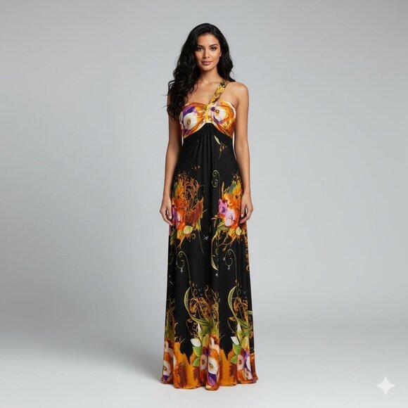 QED London Black and Orange Floral Maxi Dress - Picture 1 of 4